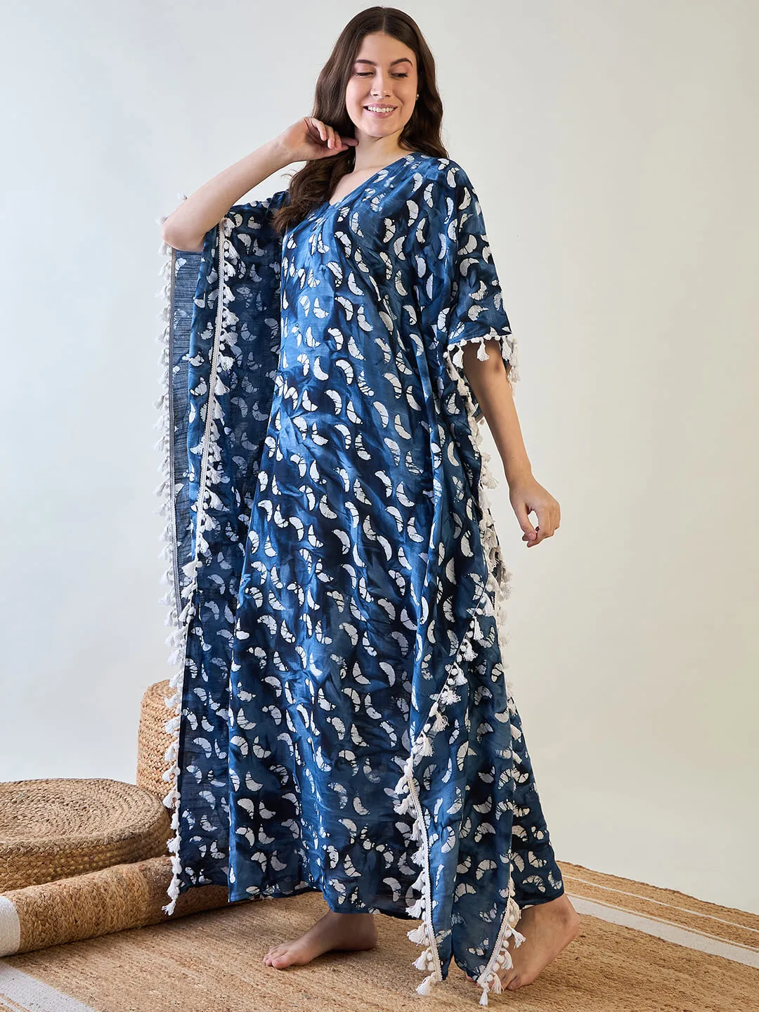 Women's Elegant Blue Batik Cotton Kaftan With White Tassel Trim - The Kaftan Company