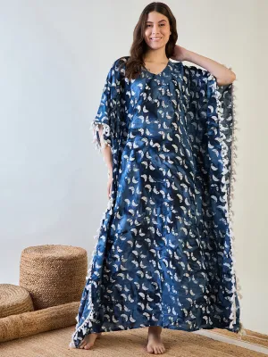 Women's Elegant Blue Batik Cotton Kaftan With White Tassel Trim - The Kaftan Company