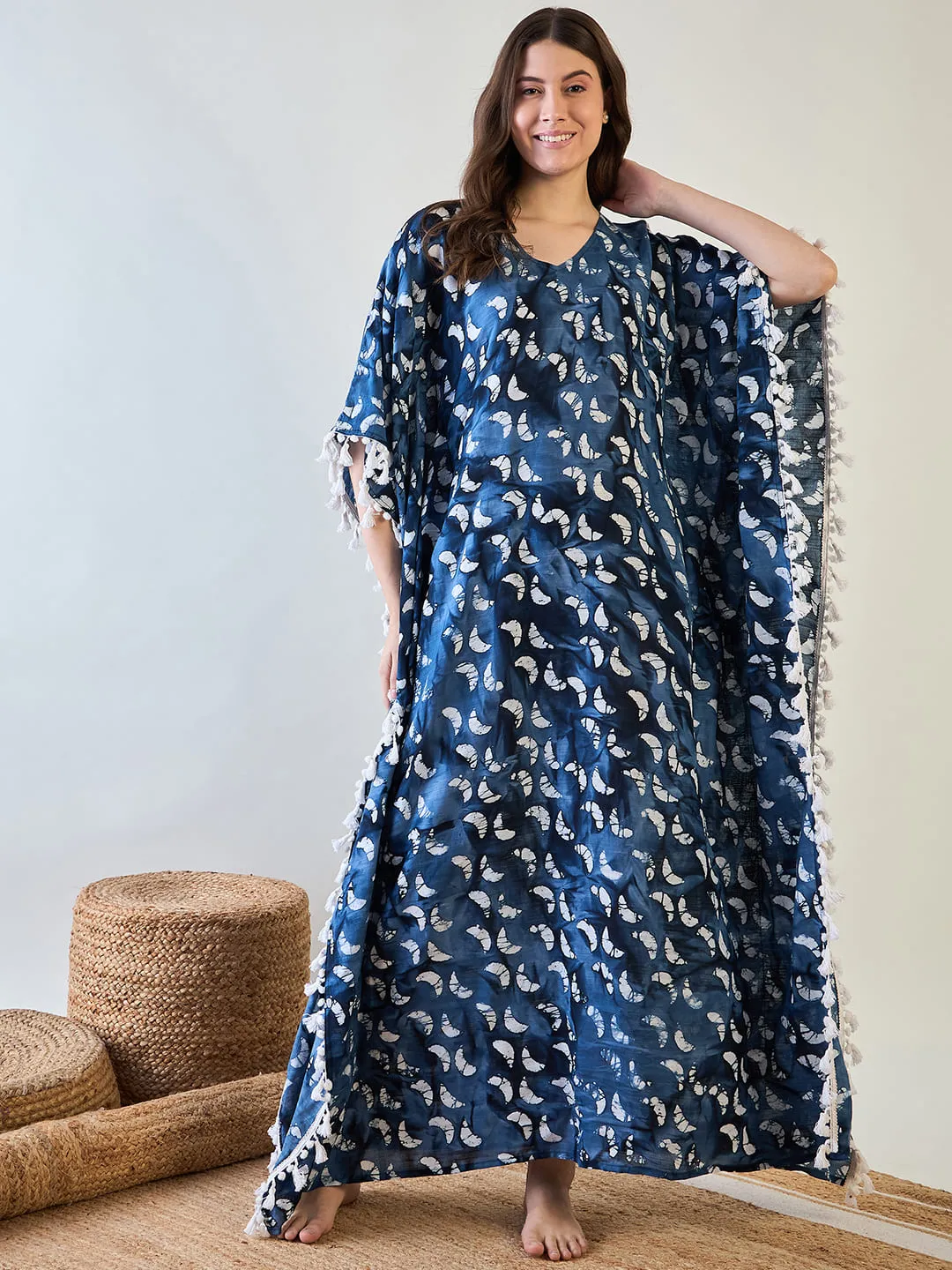 Women's Elegant Blue Batik Cotton Kaftan With White Tassel Trim - The Kaftan Company