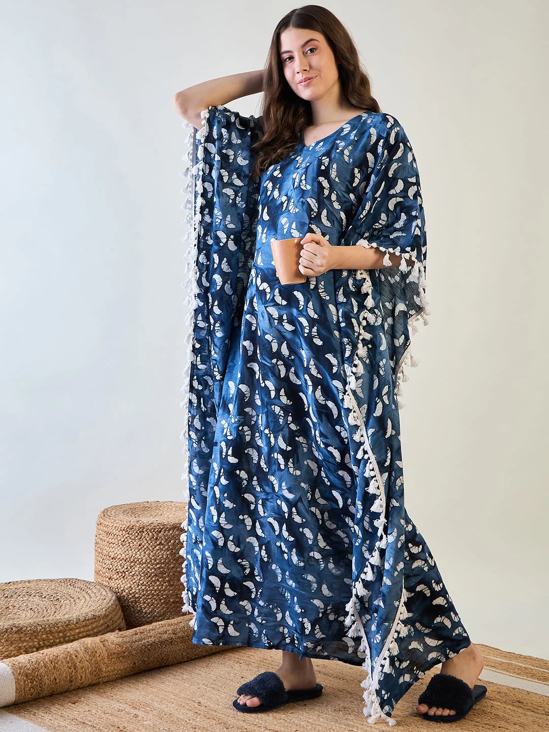 Women's Elegant Blue Batik Cotton Kaftan With White Tassel Trim - The Kaftan Company