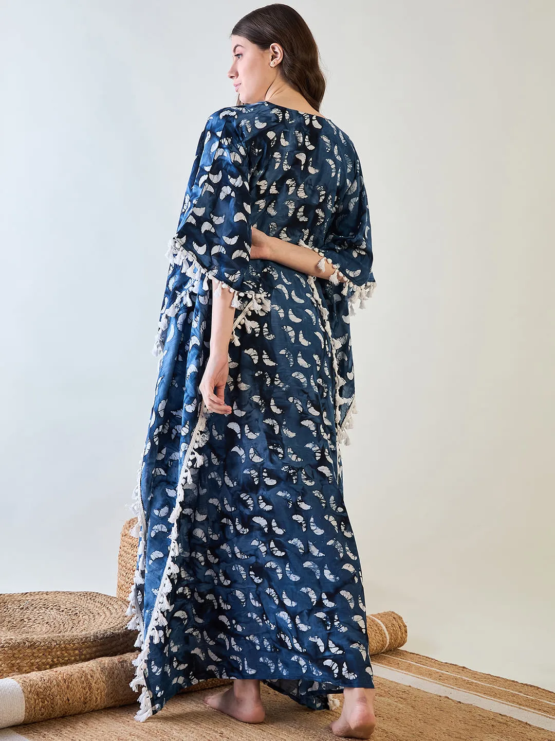 Women's Elegant Blue Batik Cotton Kaftan With White Tassel Trim - The Kaftan Company