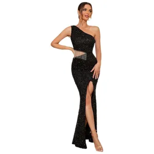 Women's One Shoulder Hollow Sleeveless Sequin Fitted Long Dress